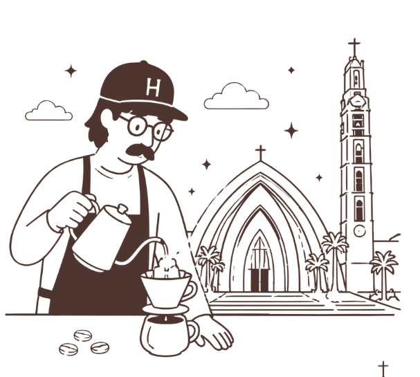 Ilustración Hullka — barista preparando café en V60