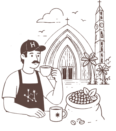 Ilustración Hullka — barista disfrutando un café Gourmet